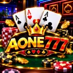 AONE777 Game feature image with playing cards, gaming chips, gold coins, crown, and premium casino design