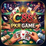 App icon for C88 PKR Game featuring playing cards, poker chips, Pakistani Rupee currency, and a golden crown logo