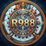 App icon for R988 Game featuring playing cards, poker chips, Pakistani Rupee currency, and a golden crown logo