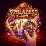 Logo for 92BLAZE55 GAME featuring a hand holding flaming playing cards, poker chips, and glowing fiery text.