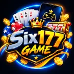 Six177 Game logo with mobile gaming, cards, coins and colorful gaming elements