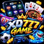 XD777 Game feature image with mobile gaming, cards, slots, casino chips, sports, and colorful neon design